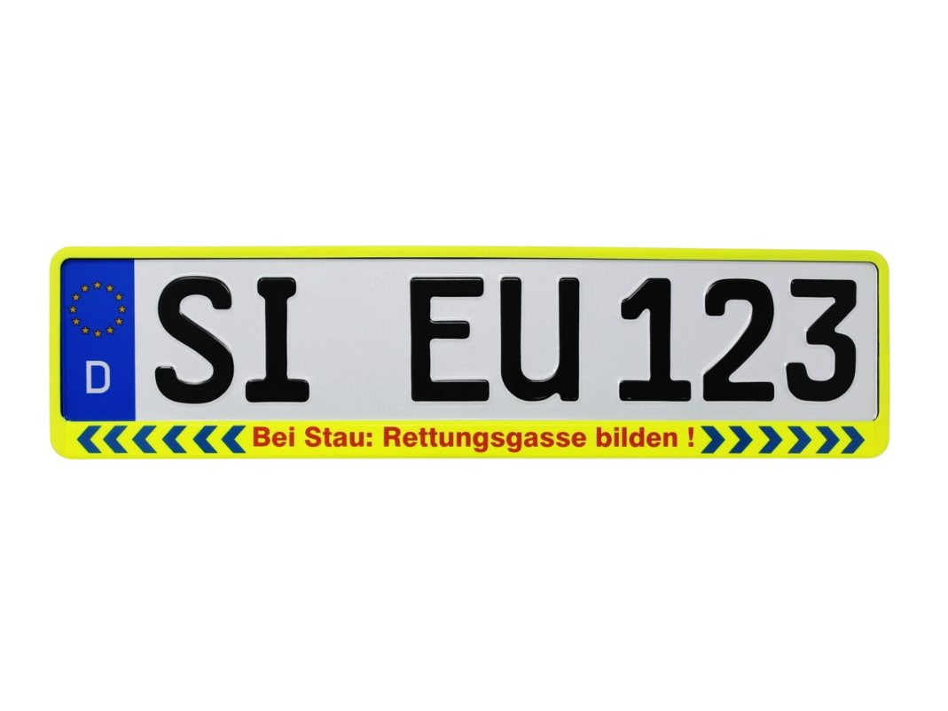 Kennzeichenhalter Neongelb "Bei Stau: Rettungsgasse bilden" 520x110 mm