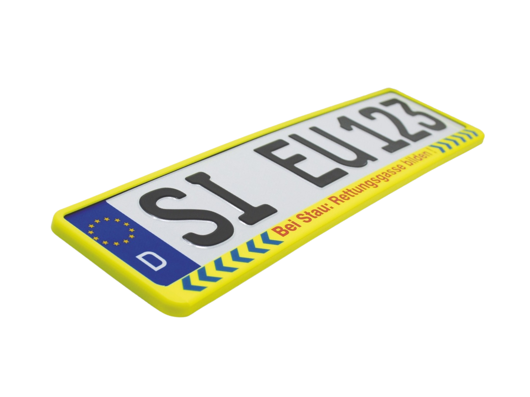 Kennzeichenhalter Neongelb "Bei Stau: Rettungsgasse bilden" 520x110 mm