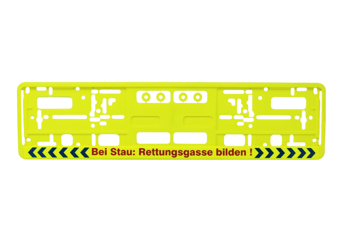 Kennzeichenhalter Neongelb "Bei Stau: Rettungsgasse bilden" 520x110 mm
